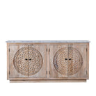 White background  picture of a Acacia wood sideboard with circular carvings, 4 doors and iron handles with a white marble top.