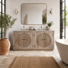 Lifestyle imagination of a handcrafted acacia wood sideboard with slidable white marble top and circular hand-carved doors – elegant wood carved furniture for refined interiors.
