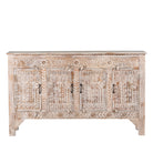 White background image of a hand-carved mango wood sideboard with a three-layer vintage finish, featuring two doors and three drawers—perfect for rustic or bohemian interiors.
