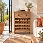 Lifestyle image of a Siara Japandi-style reclaimed wood wine rack with four bottle-storage levels, two drawers and natural rustic wood texture, 81cm