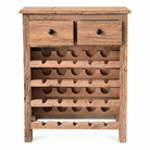 A rustic wooden wine rack cabinet with two drawers at the top and multiple tiers of bottle holders below, shown against a plain white background.