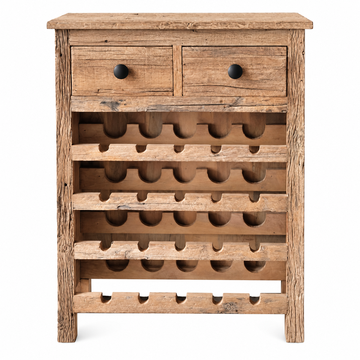 White background image of a Siara Japandi-style reclaimed wood wine rack with four bottle-storage levels, two drawers and natural rustic wood texture, 81cm