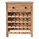 White background image of a Siara Japandi-style reclaimed wood wine rack with four bottle-storage levels, two drawers and natural rustic wood texture, 81cm