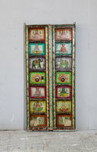 Antique Indian teak door panel with hand-painted religious motifs, vintage wall panels and vintage home decor.