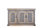 White background image of a hand-painted sideboard made from reclaimed wood in indigo and cream tones – a handcrafted piece of reclaimed wood furniture perfect for hand painted interiors.
