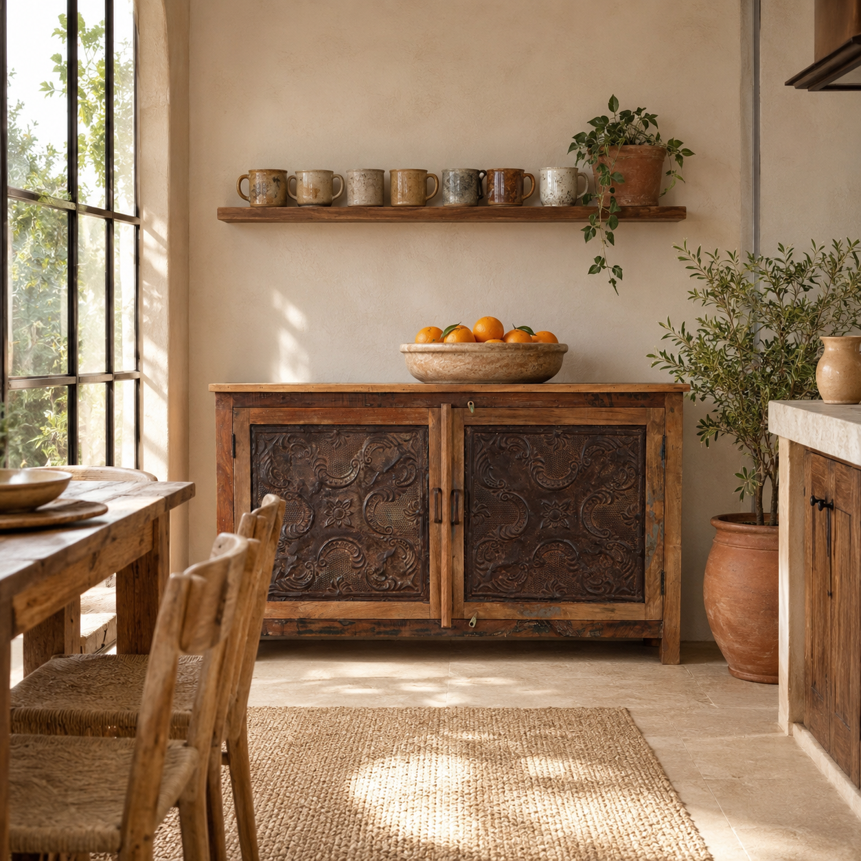 Lifestyle image of a Sitara reclaimed wood sideboard with antique Indian iron ceiling panel doors 155cm