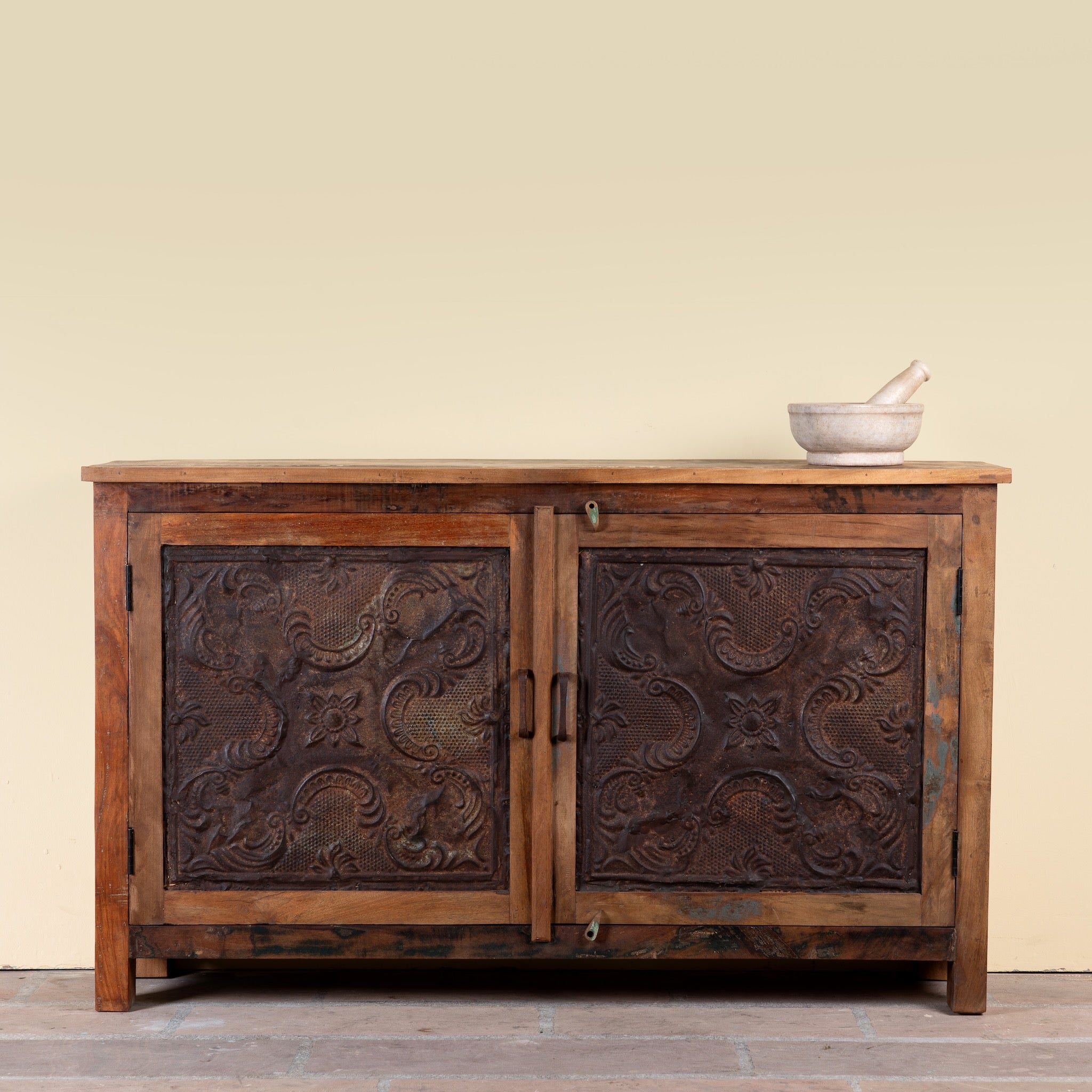 Sitara reclaimed wood sideboard with antique Indian iron ceiling panel doors 155cm