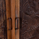 Close up image of a Sitara reclaimed wood sideboard with antique Indian iron ceiling panel doors 155cm