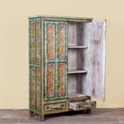 Side angle image with open door of a Siyan hand painted reclaimed wood Boho cabinet with floral motifs 152cm