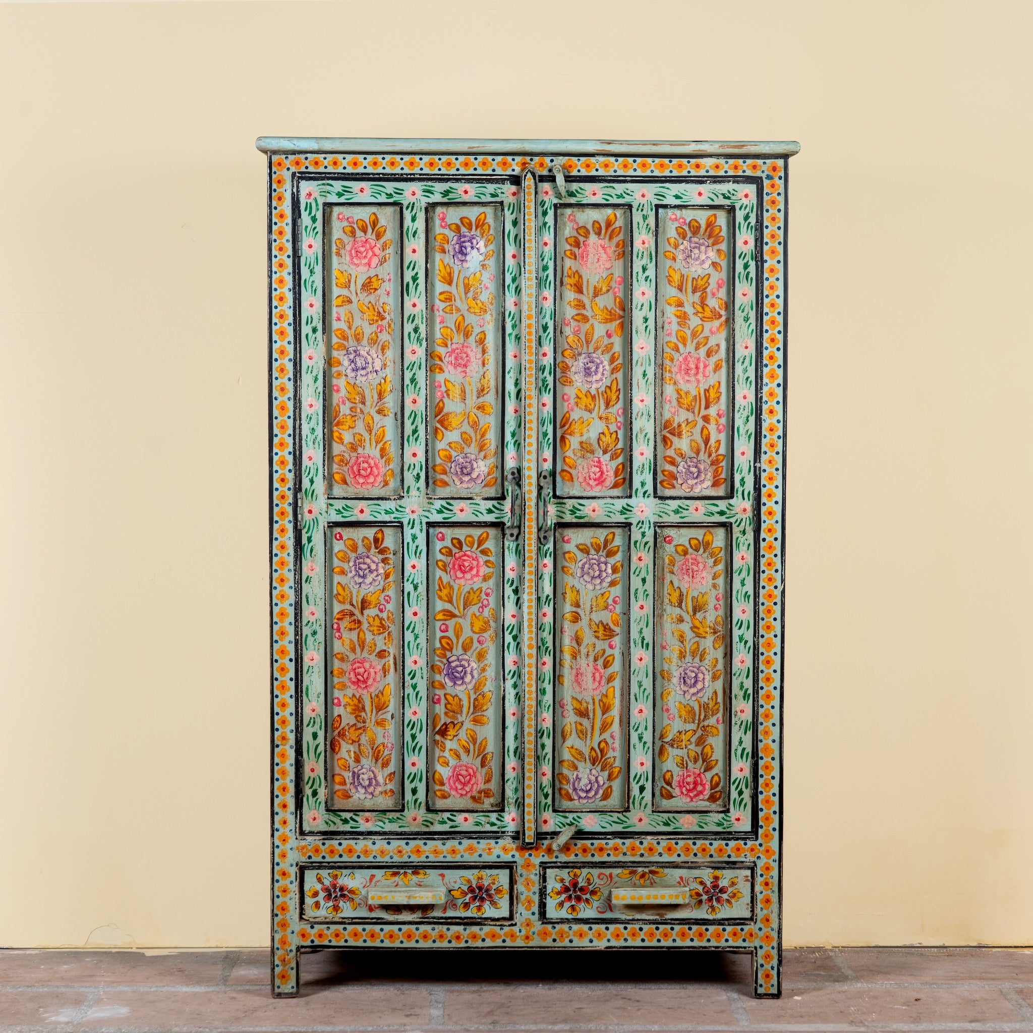 Siyan hand painted reclaimed wood Boho cabinet with floral motifs 152cm
