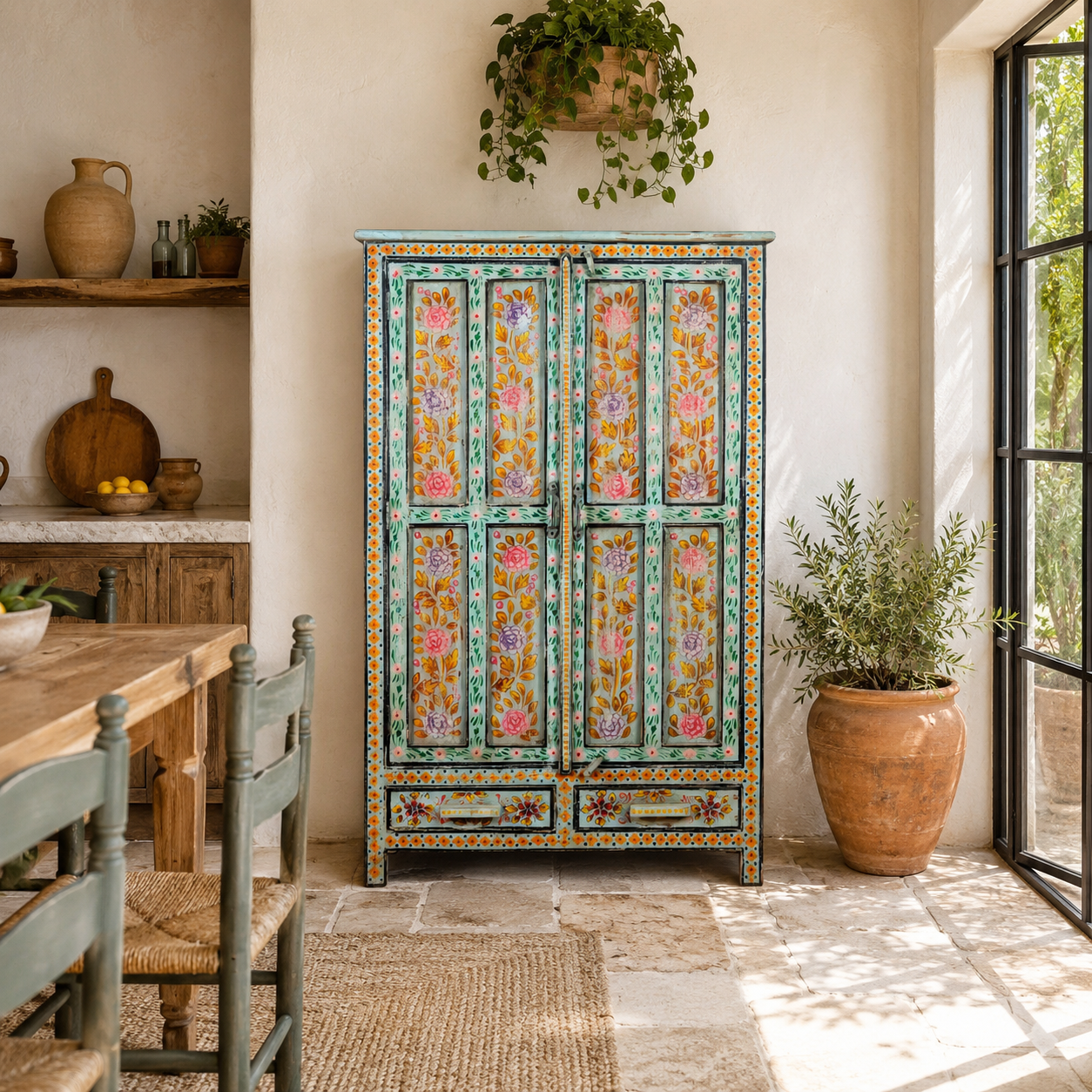 Lifestyle image of a Siyan hand painted reclaimed wood Boho cabinet with floral motifs 152cm