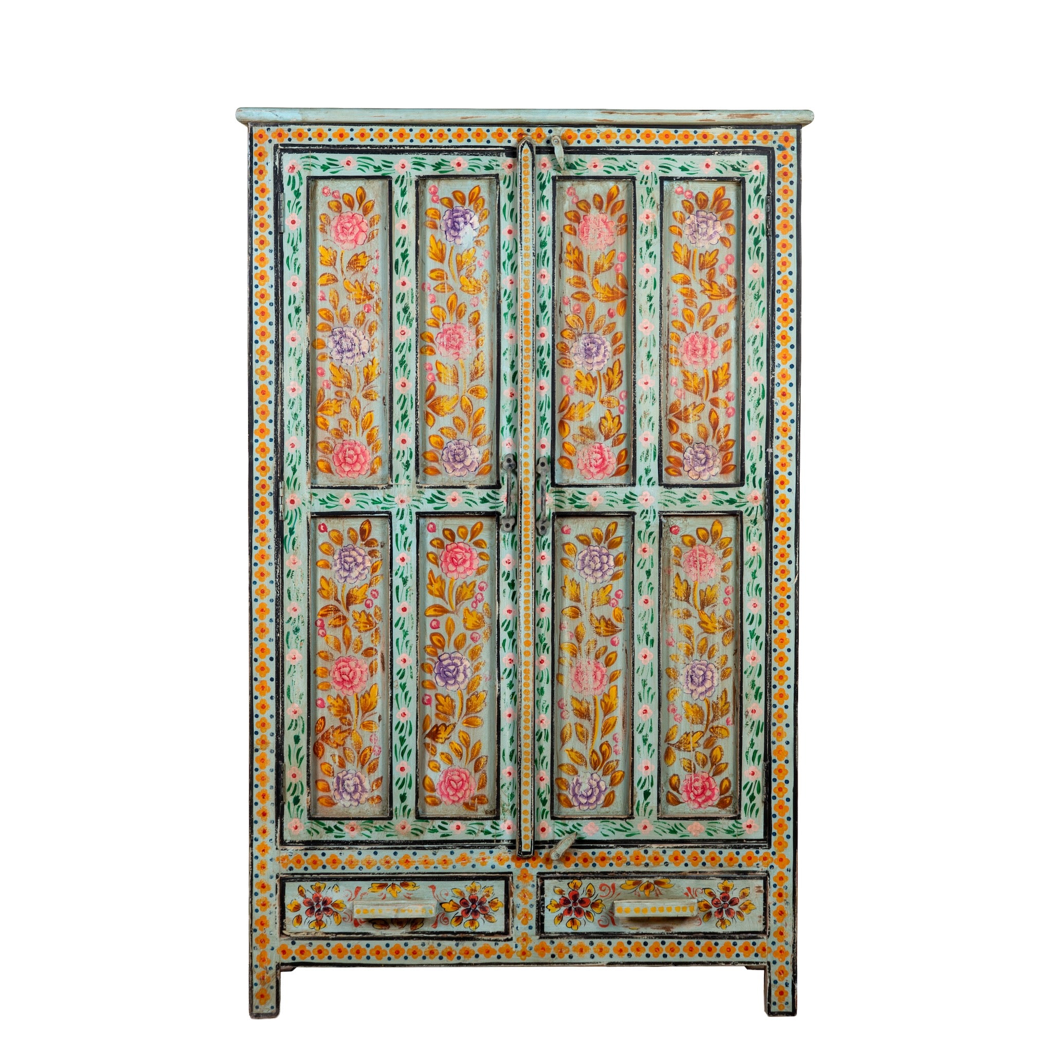 White background image of a Siyan hand painted reclaimed wood Boho cabinet with floral motifs 152cm