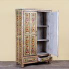Side angle image with open door of a Smaya hand painted reclaimed wood Boho cabinet with floral artwork 152cm