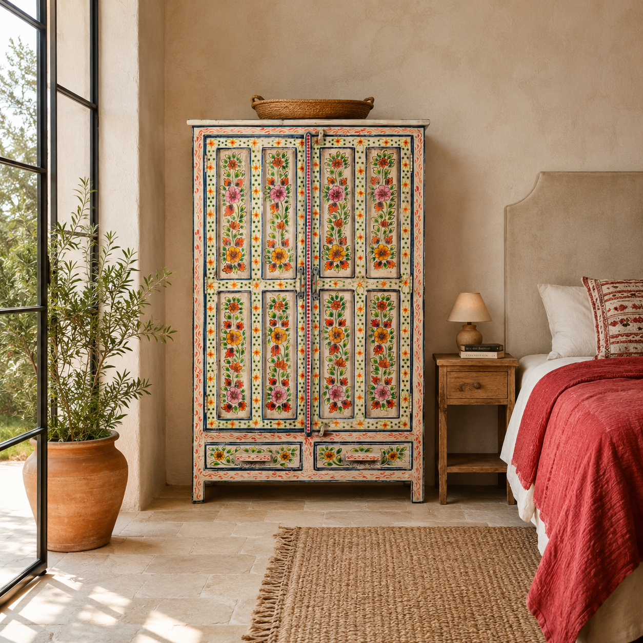 Lifestyle image of a Smaya hand painted reclaimed wood Boho cabinet with floral artwork 152cm