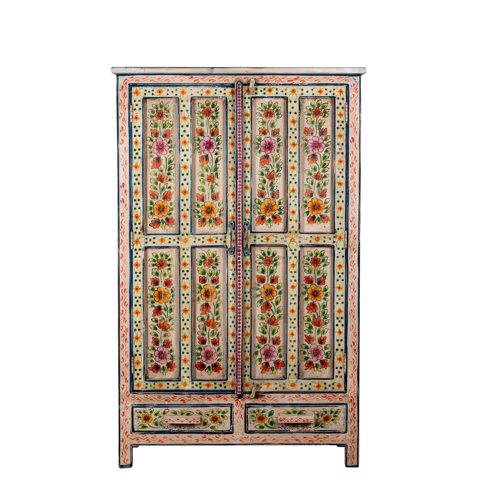 White background image of a Smaya hand painted reclaimed wood Boho cabinet with floral artwork 152cm