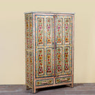 Side angle image of a Smaya hand painted reclaimed wood Boho cabinet with floral artwork 152cm