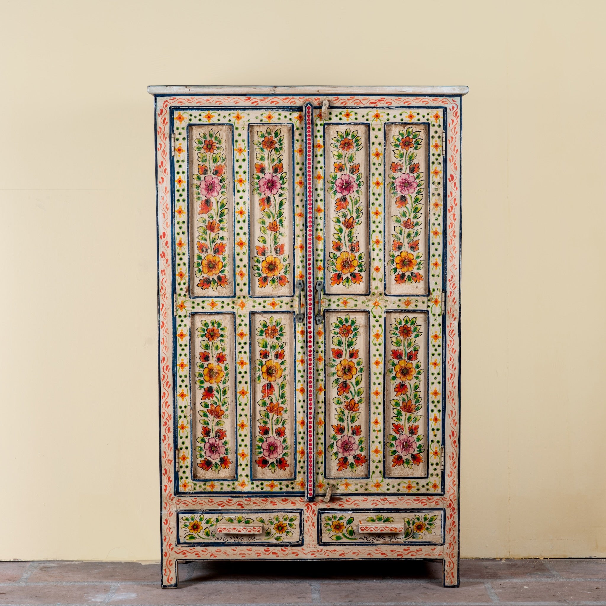 Smaya hand painted reclaimed wood Boho cabinet with floral artwork 152cm