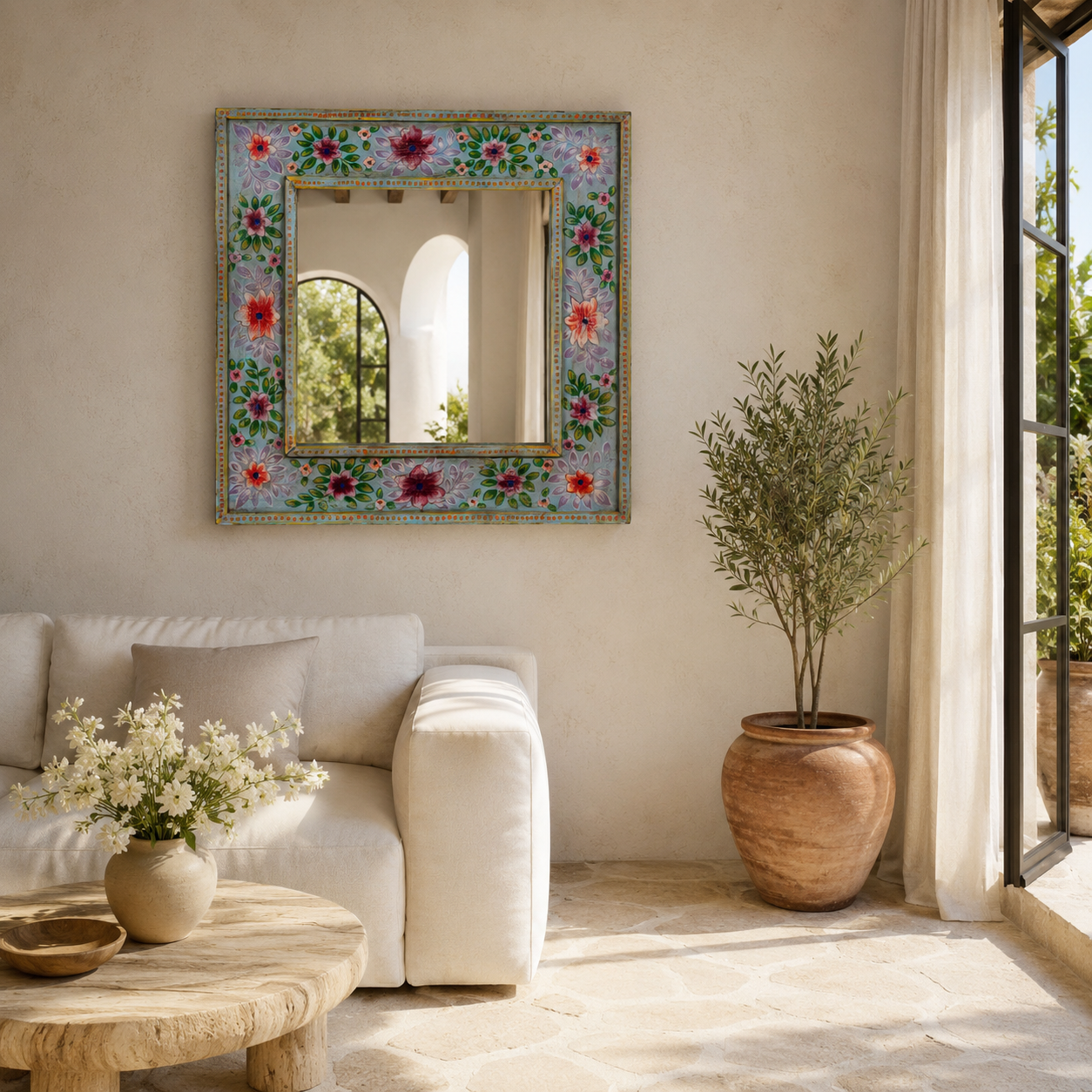 Lifestyle image of a Snehal hand-painted reclaimed wood wall mirror featuring colourful floral artwork and artisan detailing, 90x90cm.