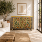 Lifestyle image of a Soham hand painted reclaimed teak wood storage box with colourful floral and botanical motifs 141cm