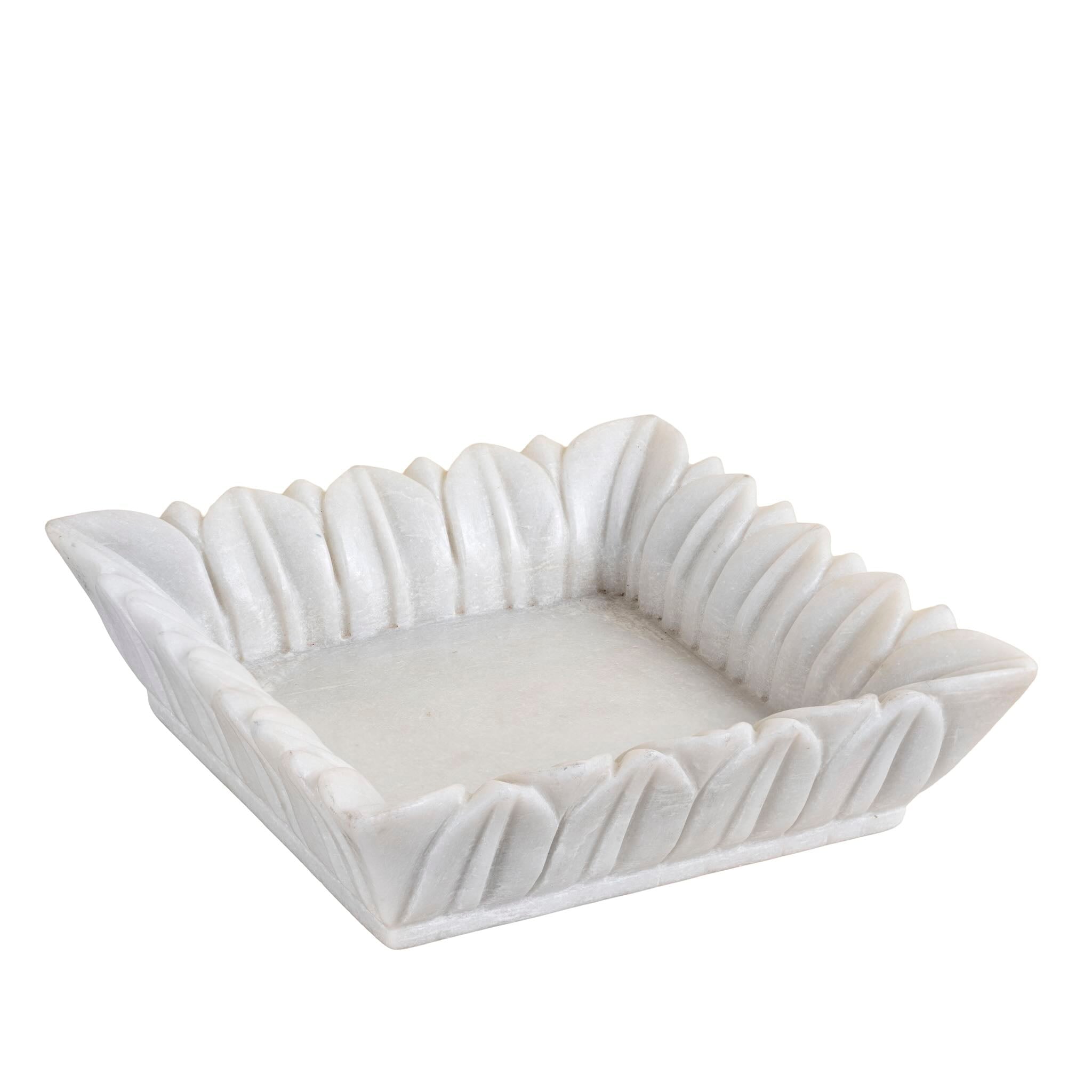 White background image of a square hand-carved white marble bowl with petal-like edges – decorative Indian marble accessory.