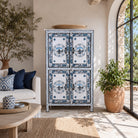 Lifestyle image of a Srika limited edition hand painted reclaimed wood cabinet inspired by Delft porcelain 150cm