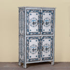 Side angle image of a Srika limited edition hand painted reclaimed wood cabinet inspired by Delft porcelain 150cm