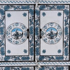 Close up image of a Srika limited edition hand painted reclaimed wood cabinet inspired by Delft porcelain 150cm