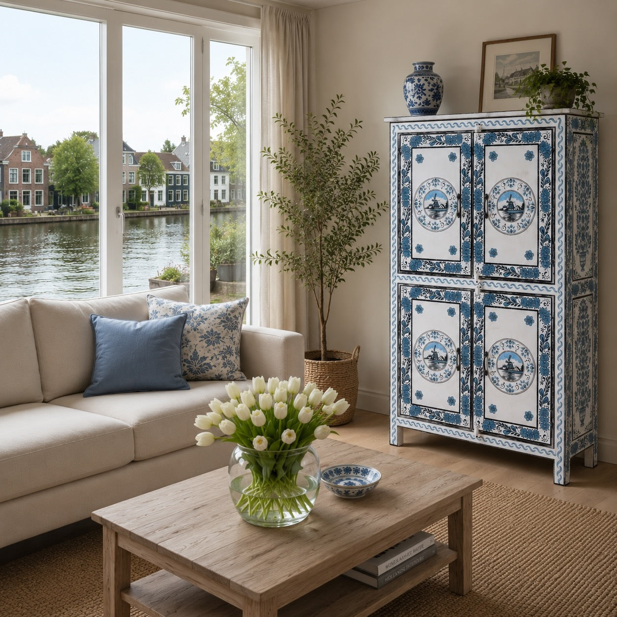 Lifestyle image of a Srika limited edition hand painted reclaimed wood cabinet inspired by Delft porcelain 150cm