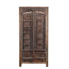 White background image of a Srinika vintage Indian wardrobe with mango wood body and old hand-carved teak house door, 94x42x195cm