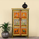 Hand-painted reclaimed wood cabinet with Indian gods, floral motifs, and distressed finish; unique furniture for vintage home decor, 90 × 40 × 150 cm.