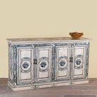 Side angle image of a Suchi limited edition reclaimed wood sideboard with Delft inspired hand painted motifs 170cm