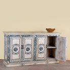 Side angle image with open door of a Suchi limited edition reclaimed wood sideboard with Delft inspired hand painted motifs 170cm