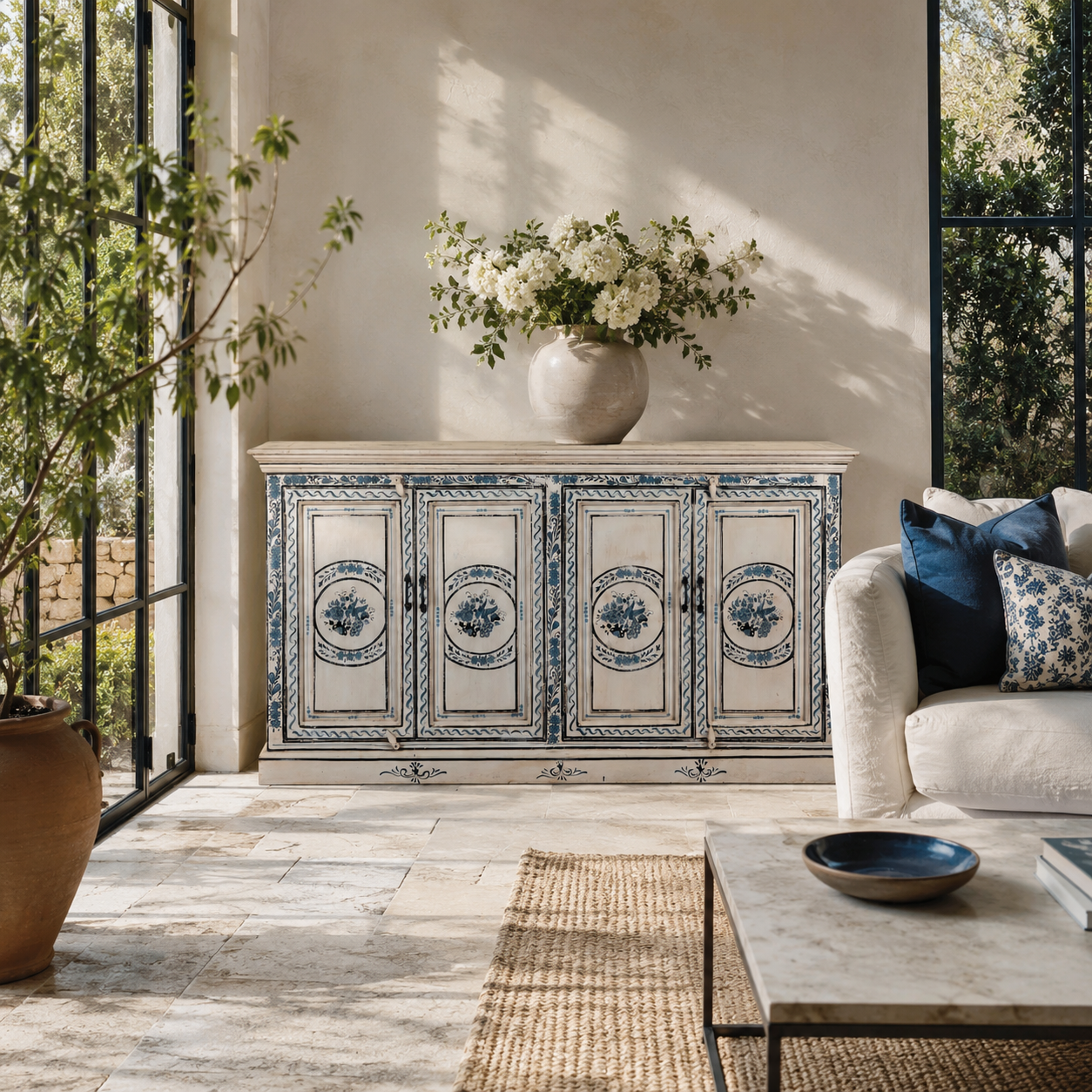 Lifestyle image of a Suchi limited edition reclaimed wood sideboard with Delft inspired hand painted motifs 170cm