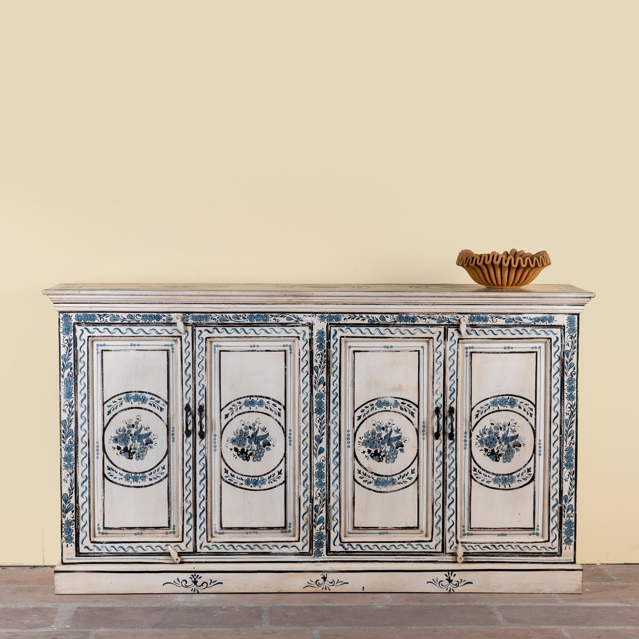 Suchi limited edition reclaimed wood sideboard with Delft inspired hand painted motifs 170cm