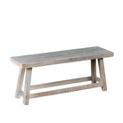 White background image of a sandblasted driftwood bench made of reclaimed wood, sustainable furniture with rustic design, 120 × 36 × 50 cm.