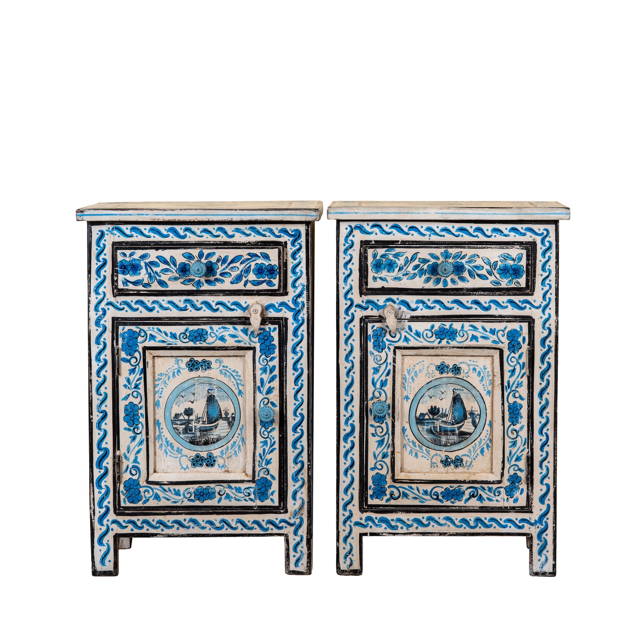 White background image of a Suhasin limited edition reclaimed wood bedside table set with Delft inspired hand painted motifs