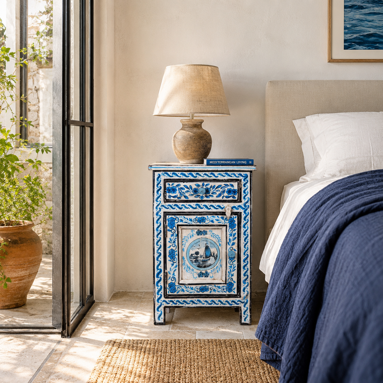 Lifestyle image of a Suhasin limited edition reclaimed wood bedside table set with Delft inspired hand painted motifs