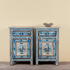 Suhasin limited edition reclaimed wood bedside table set with Delft inspired hand painted motifs