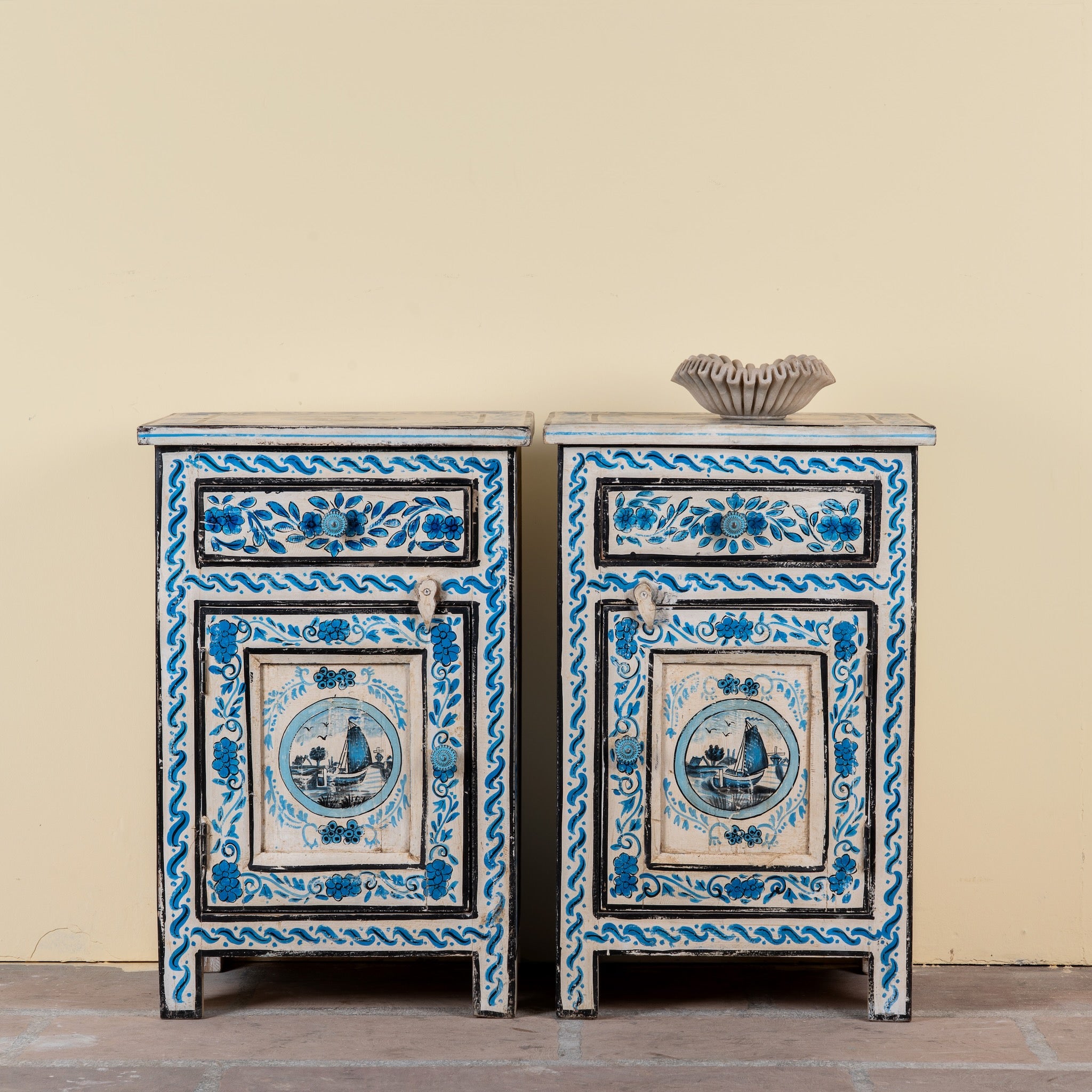 Suhasin limited edition reclaimed wood bedside table set with Delft inspired hand painted motifs
