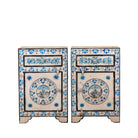 White background image of a Sunaina limited edition reclaimed wood bedside table set with Delft inspired hand painted motifs