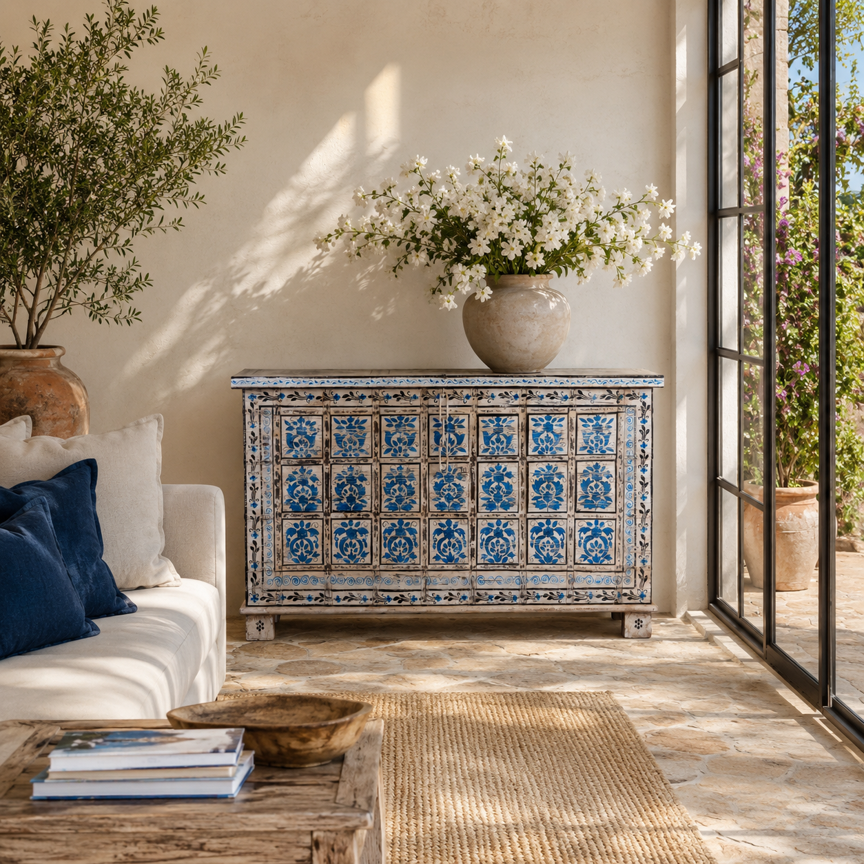 Lifestyle image f a Sur limited edition reclaimed wood storage chest with Delft inspired hand painted motifs