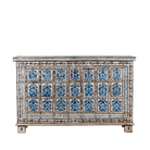White background image of a Sur limited edition reclaimed wood storage chest with Delft inspired hand painted motifs