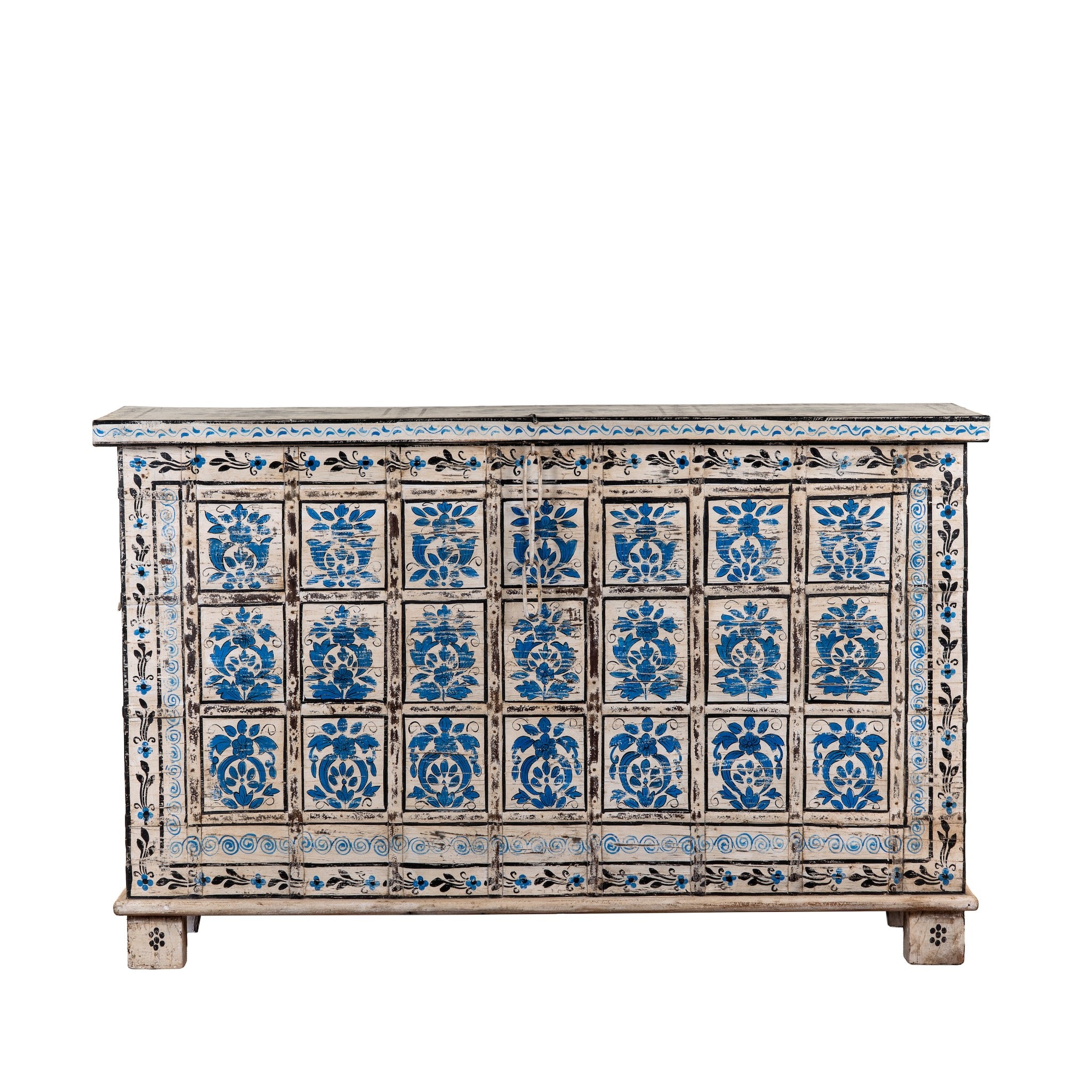White background image of a Sur limited edition reclaimed wood storage chest with Delft inspired hand painted motifs