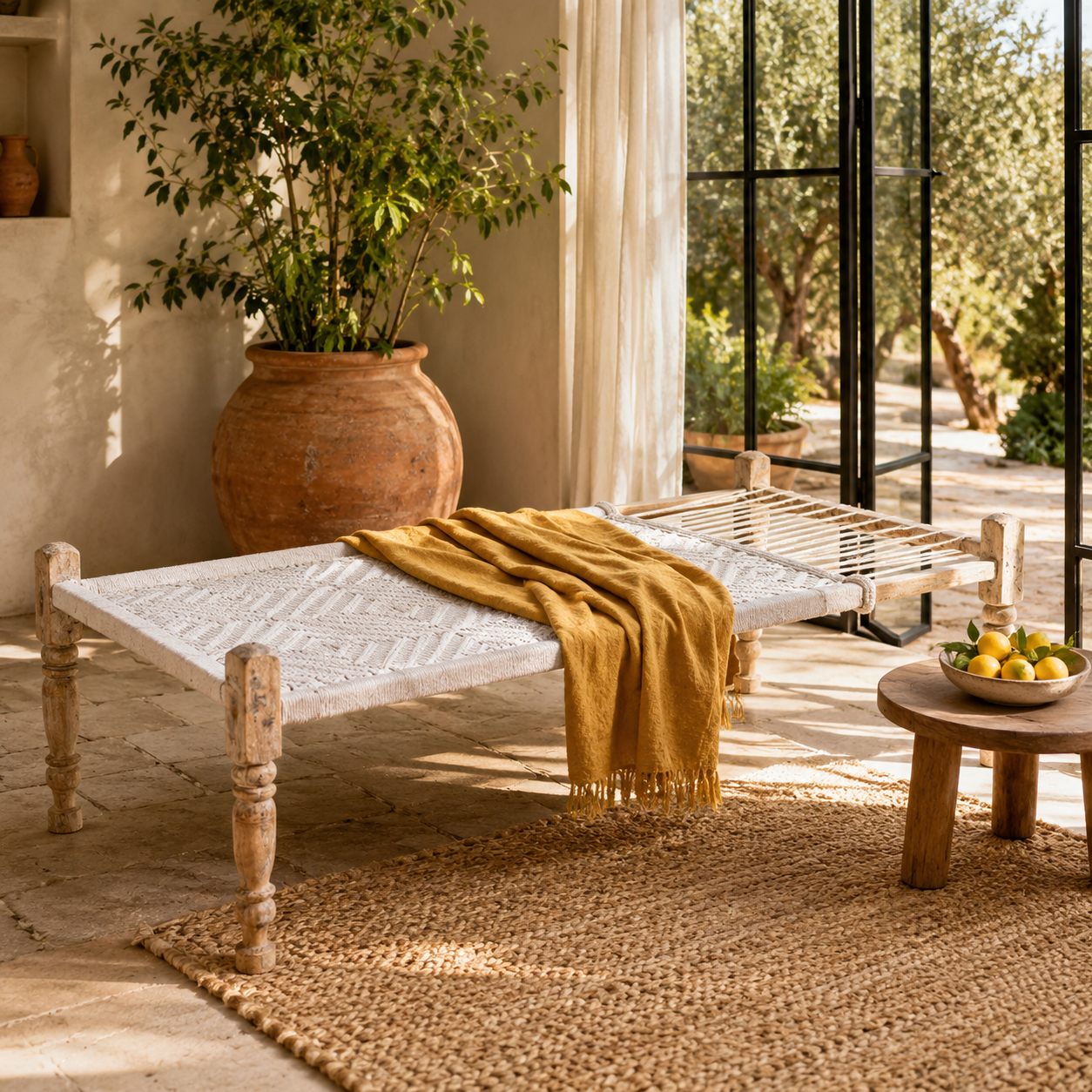 Surat traditional Indian day bed with reclaimed teak wood frame and handwoven cotton rope, 160cm