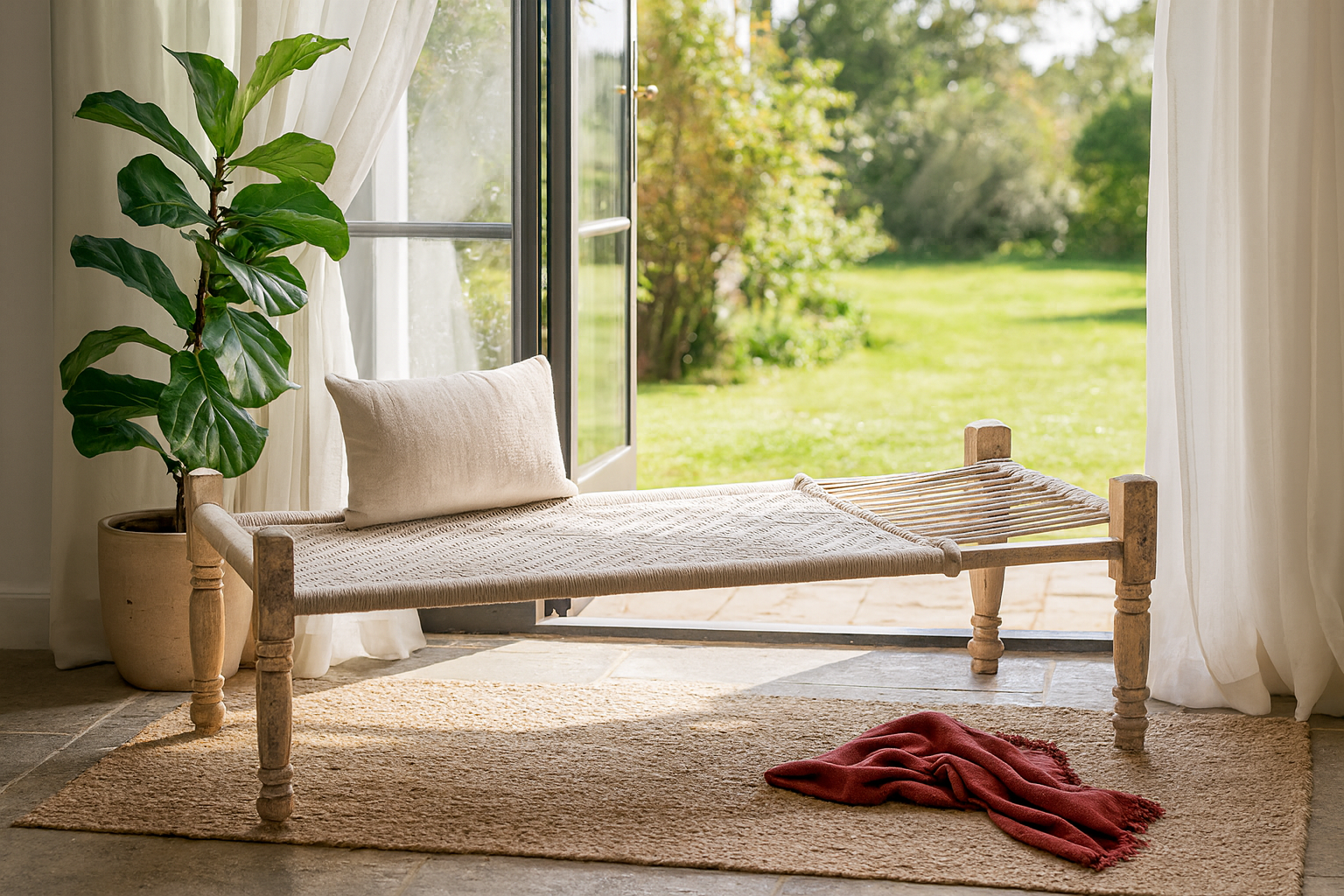 Lifestyle imagination of a traditional Indian day bed made from reclaimed teak with handwoven cotton rope; unique Indian furniture, 160 × 93 × 62 cm.