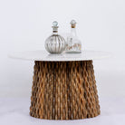 White background image of a round marble top coffee table with handcrafted mango wood base in strip design; wooden base coffee table, 80 cm diameter, 44 cm height.