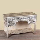 Swaha limited edition reclaimed wood desk with Delft inspired hand painted motifs