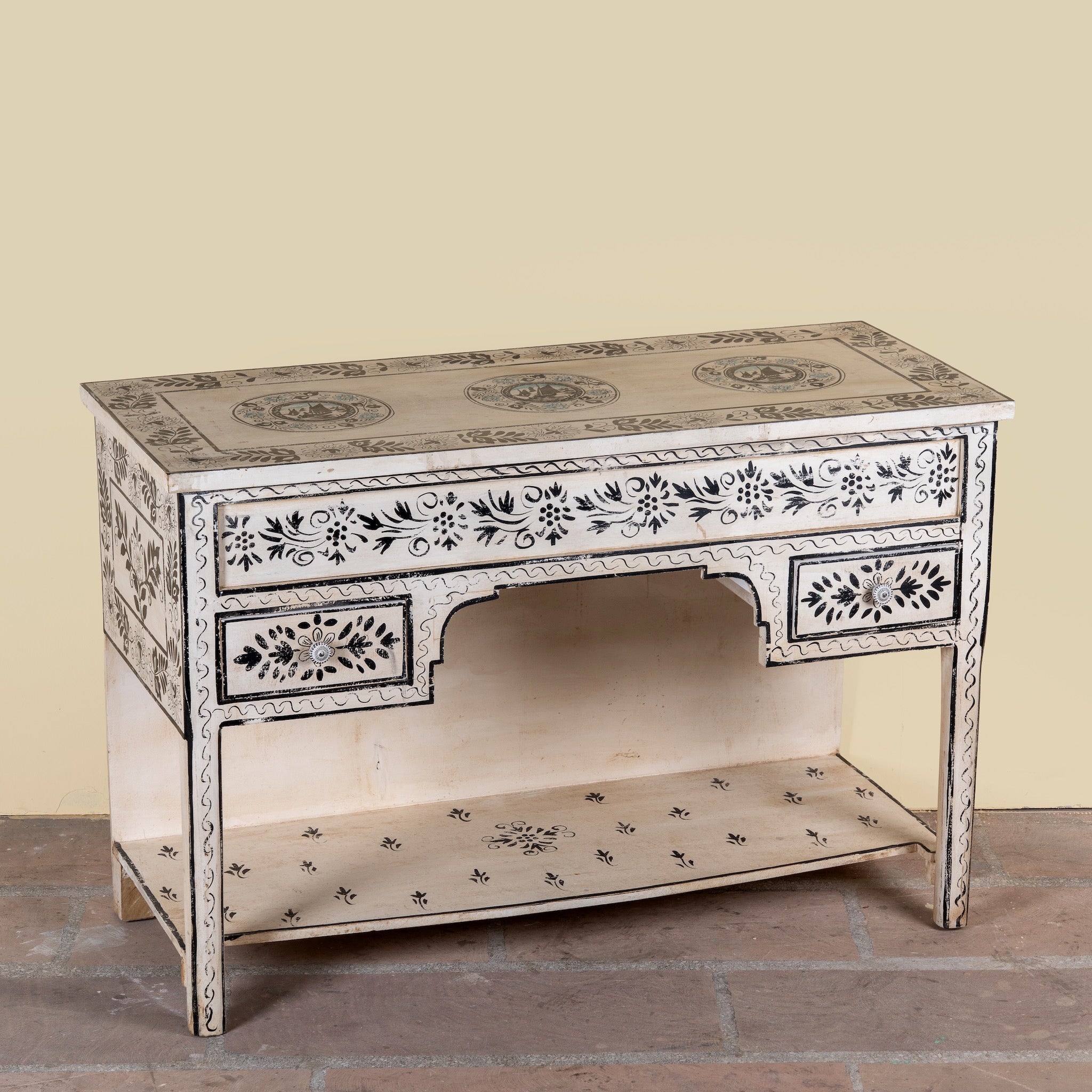 Swaha limited edition reclaimed wood desk with Delft inspired hand painted motifs