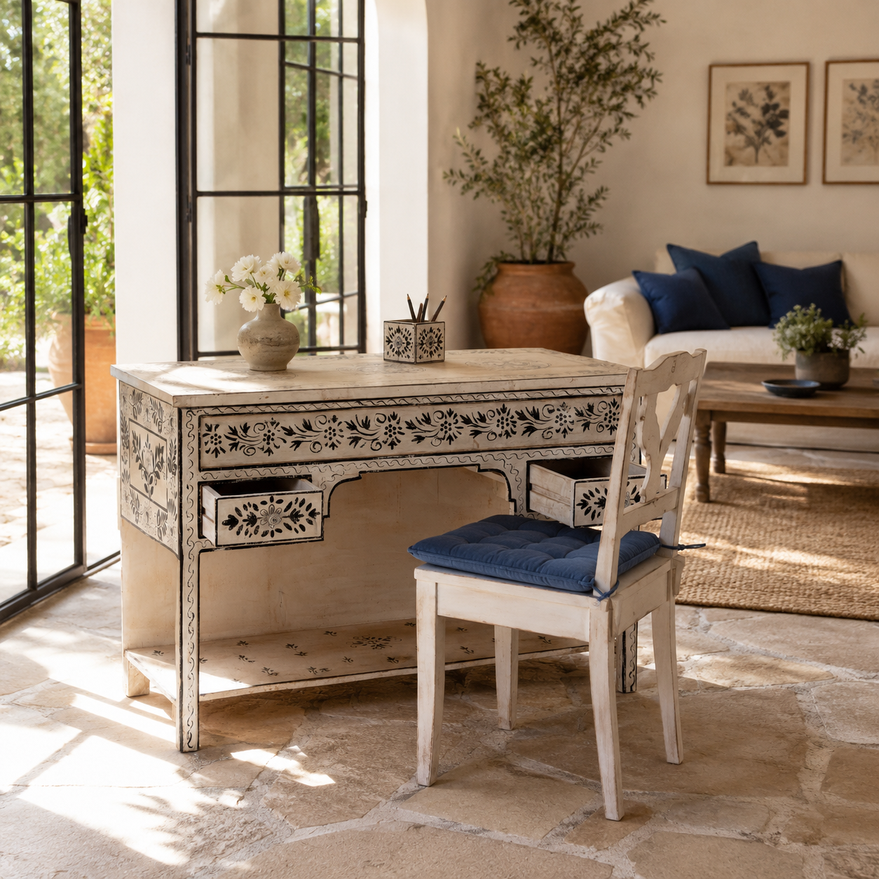 Swaha limited edition reclaimed wood desk with Delft inspired hand painted motifs