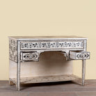 Side angle image with open drawer of a Swaha limited edition reclaimed wood desk with Delft inspired hand painted motifs